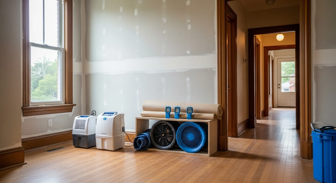Water damage restoration and mitigation work in progress