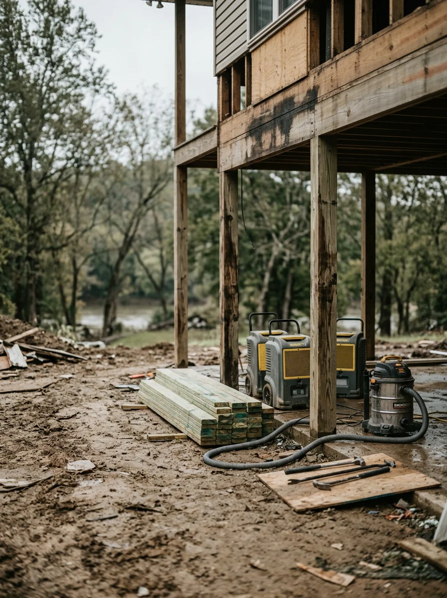 Water damage restoration work on elevated home foundation in Counce after Tennessee River flooding