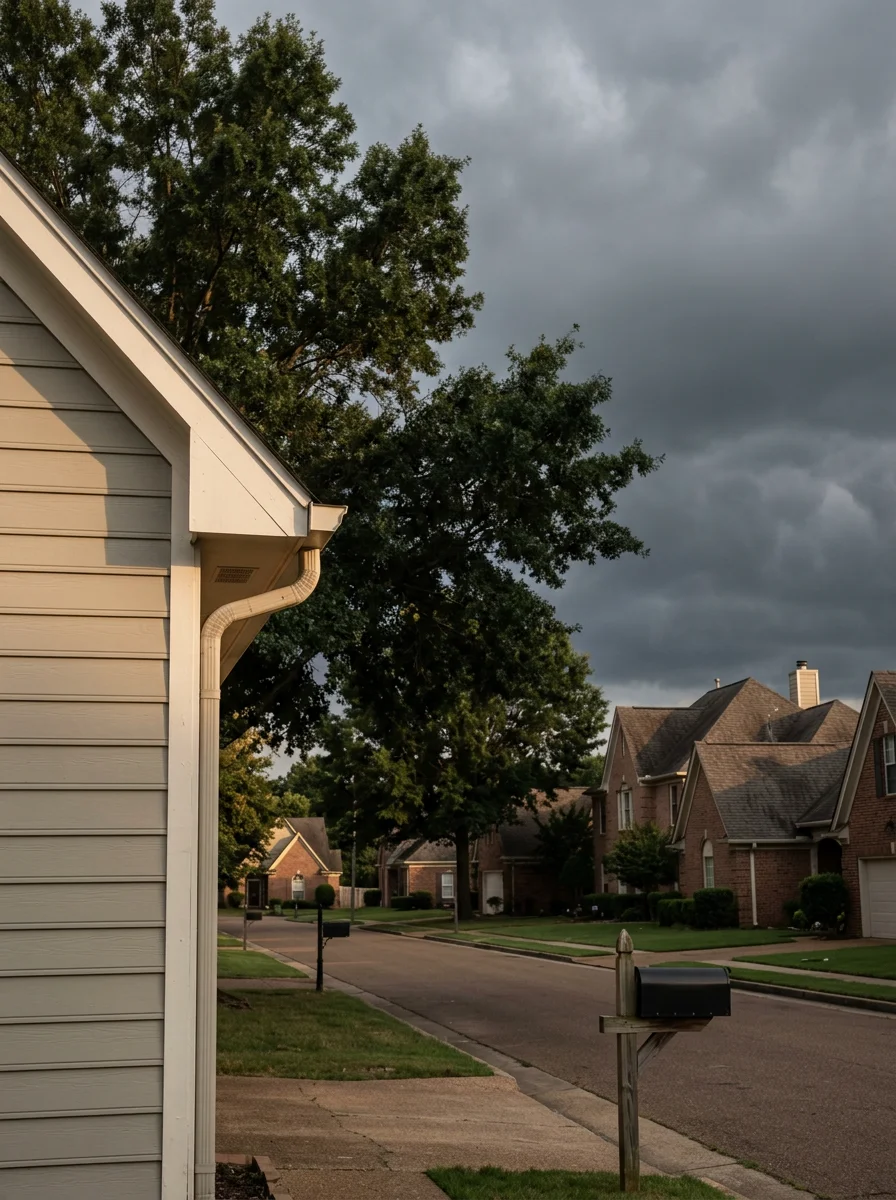 Storm clouds gathering over DeSoto County neighborhood, illustrating summer thunderstorm risk and need for roof inspection and maintenance