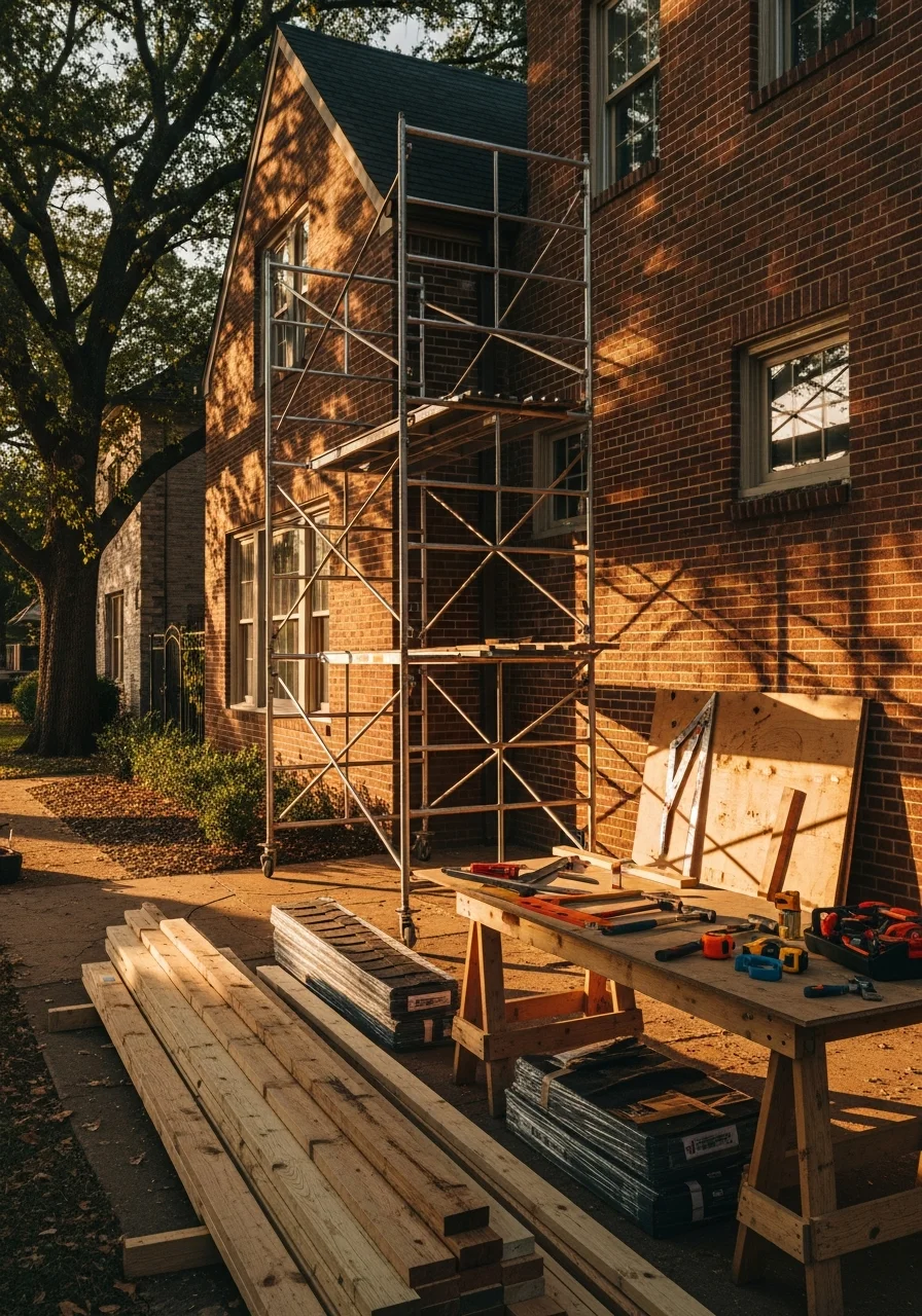 Professional service team working on a Memphis home exterior in a residential setting.