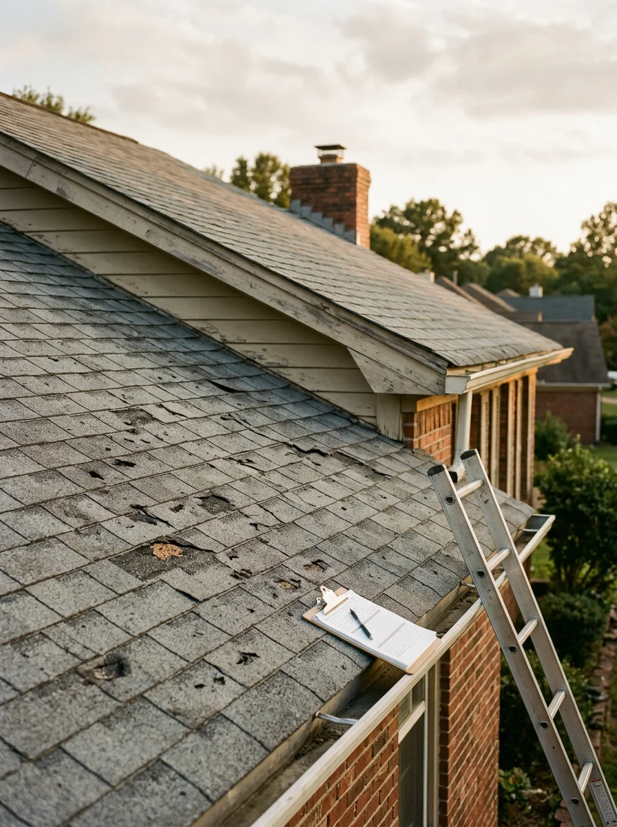 Storm damage inspection of residential roof in Olive Branch showing hail impact and wind damage assessment