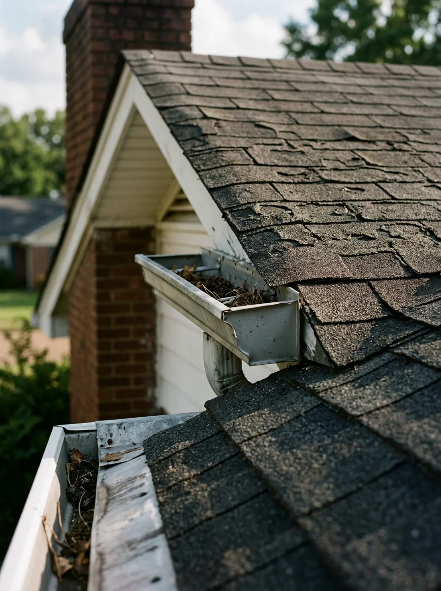 Roof inspection on a Shelby County home showing weather-worn shingles and gutters