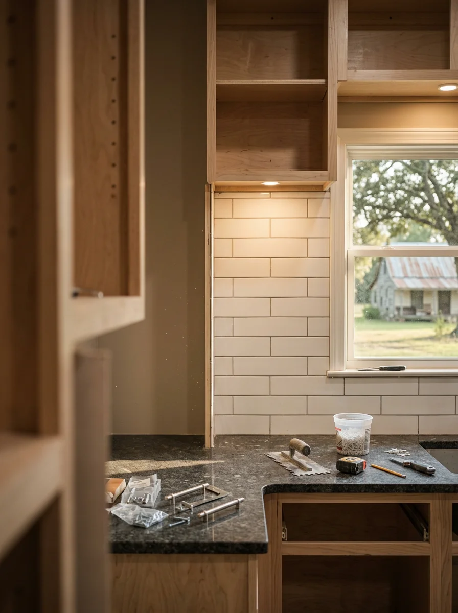 Interior kitchen remodeling in progress with custom cabinetry and tile backsplash installation