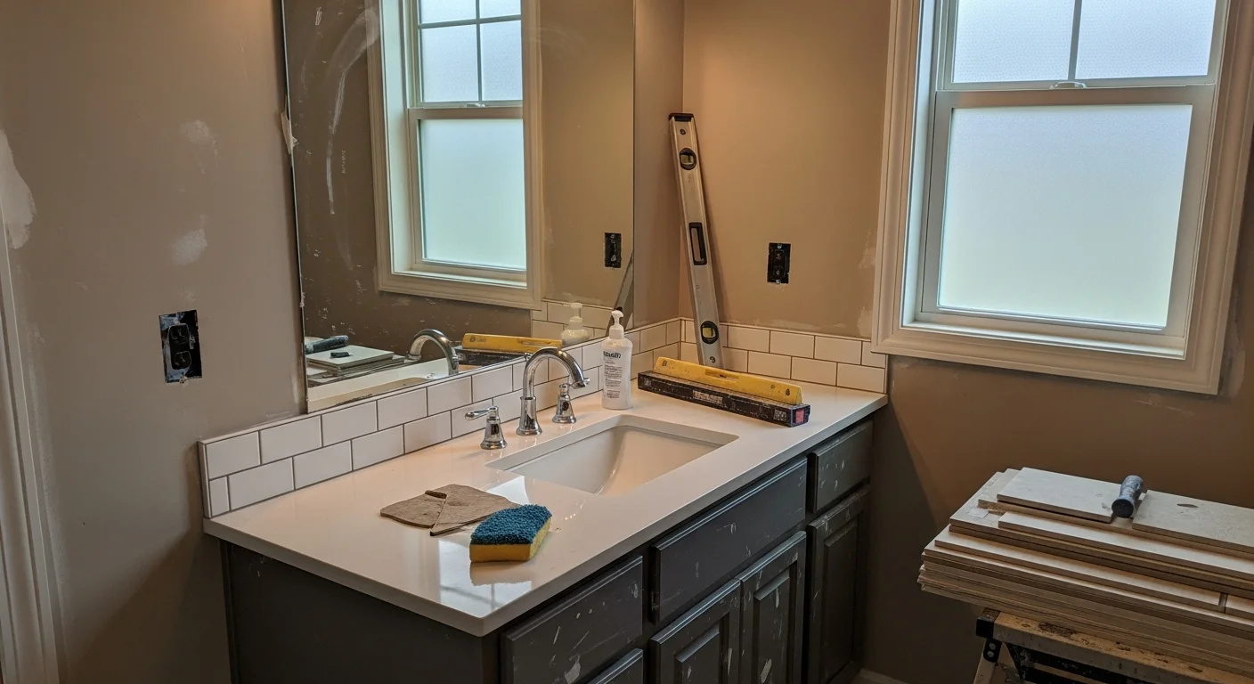 Remodeled master bathroom in a Hernando, MS home featuring a tiled walk-in shower, updated vanity, and new flooring installed by Liles Construction Group. The finished space shows clean grout lines, modern fixtures, and waterproofed wall surrounds typical of a full general contractor bathroom renovation in DeSoto County.