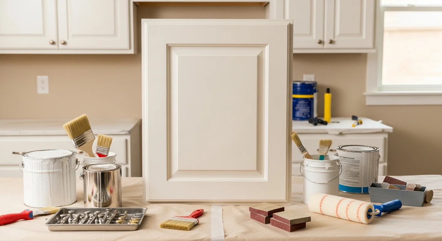 Freshly painted white kitchen cabinets with clean brush lines and smooth finish in a Hernando, MS home. Cabinet doors are rehung and hardware is reinstalled after professional painting by Liles Construction Group.