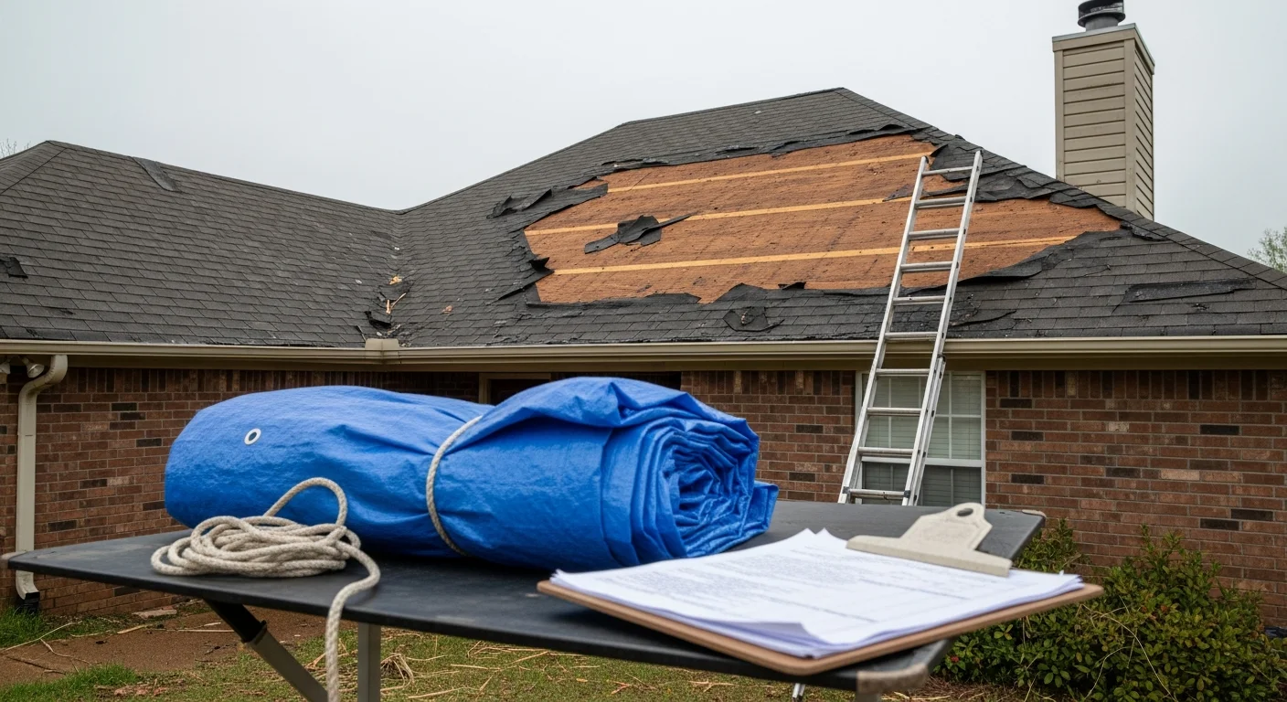 A Hernando, MS residential roof with storm-damaged shingles being repaired by a roofing crew from Liles Construction Group. Exposed roof decking is visible where wind-lifted shingles have been removed in preparation for repair.