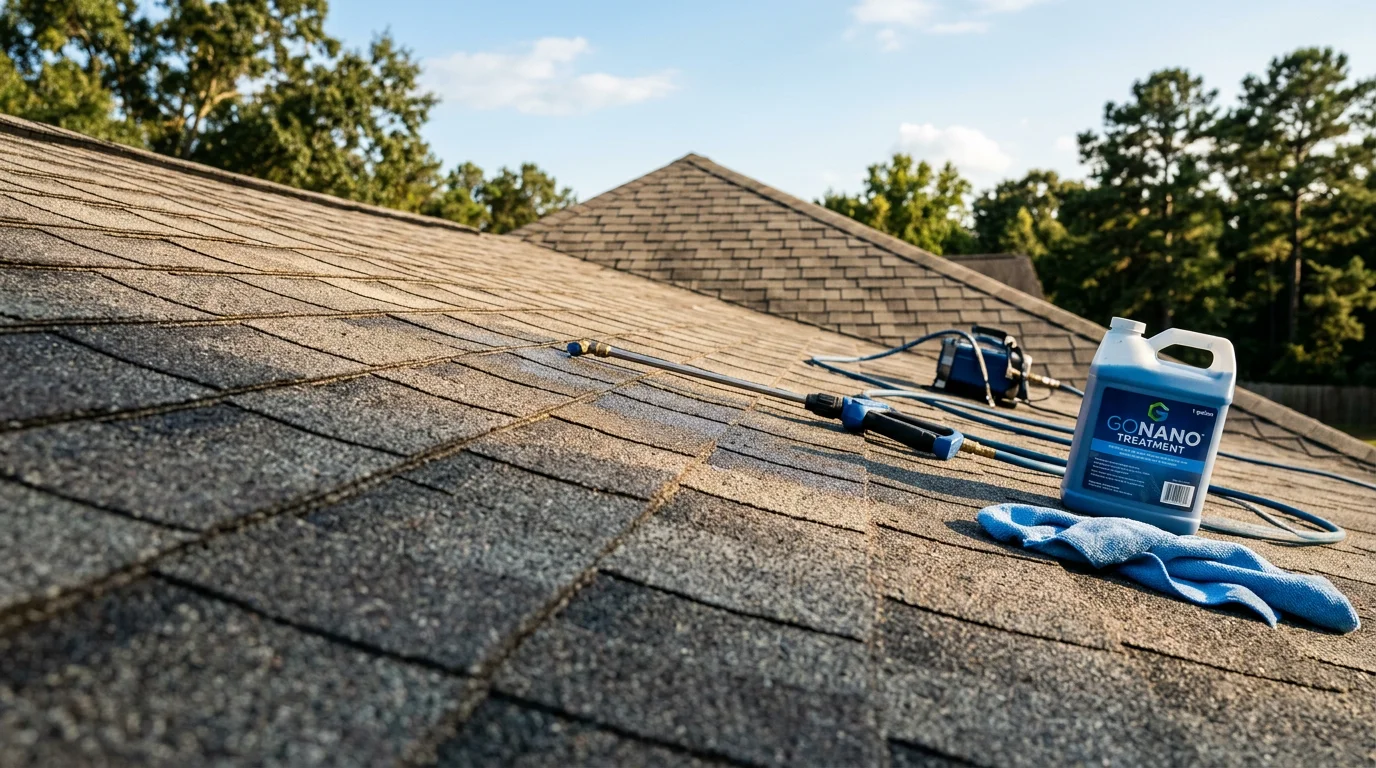 A Hernando, MS home with treated asphalt shingles showing even color and intact granule surface after a GoNano maintenance application by Liles Construction Group. The roof is photographed from ground level against a clear sky, with DeSoto County residential surroundings visible in the background.
