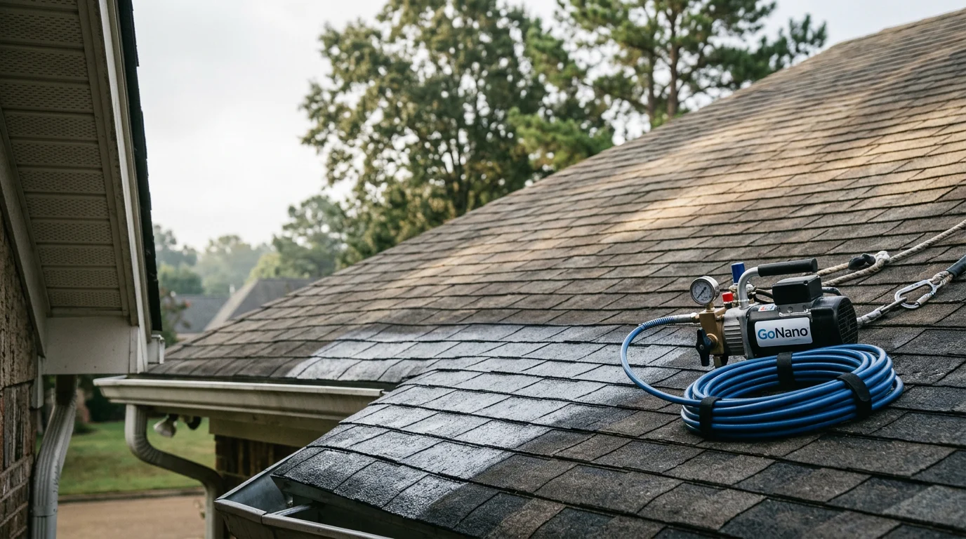 A Hernando, MS residential roof after GoNano protective coating application, showing intact shingles with uniform color and no visible surface wear. A Liles Construction Group crew member applies the coating treatment to the roof surface on a clear North Mississippi day.