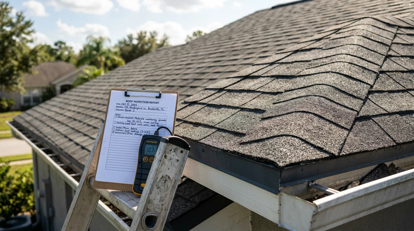 A Liles Construction Group roofer conducting a GoNano roof inspection on an asphalt shingle roof in Hernando, MS, examining shingle surface condition and granule integrity under bright Southern sun.