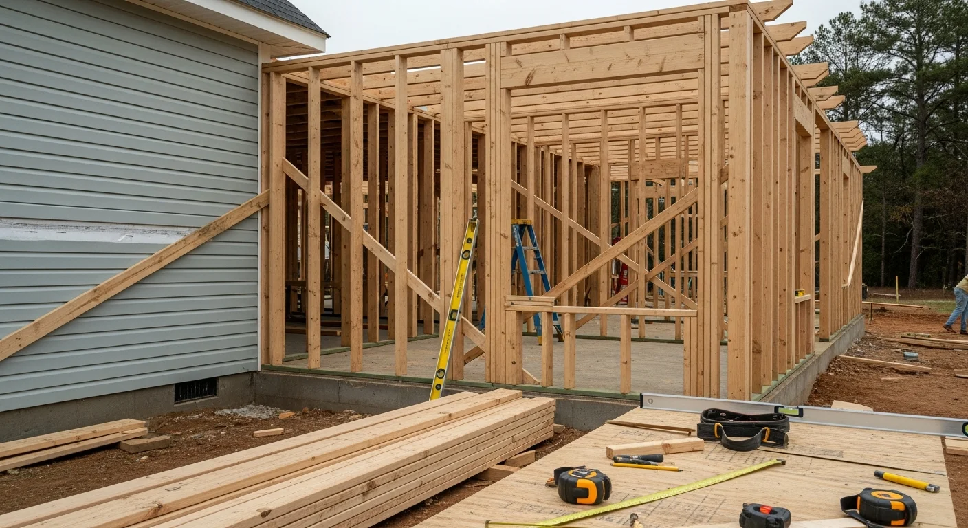 A newly completed single-story home addition in Hernando, MS with exterior siding and roofline matched to the original house. The expanded structure shows a framed room addition attached to the rear of a residential property in DeSoto County.