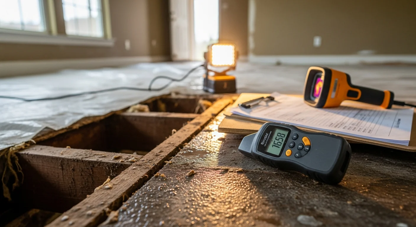 A Liles Construction Group technician documenting water damage in a Hernando, MS home, photographing moisture-affected drywall and flooring for an insurance claim file.