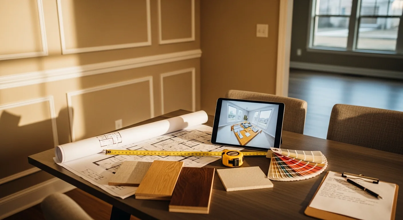 A Liles Construction Group contractor reviewing interior layout plans with a homeowner inside a Hernando, MS residence. The consultation takes place in a dated living space being assessed for remodeling.