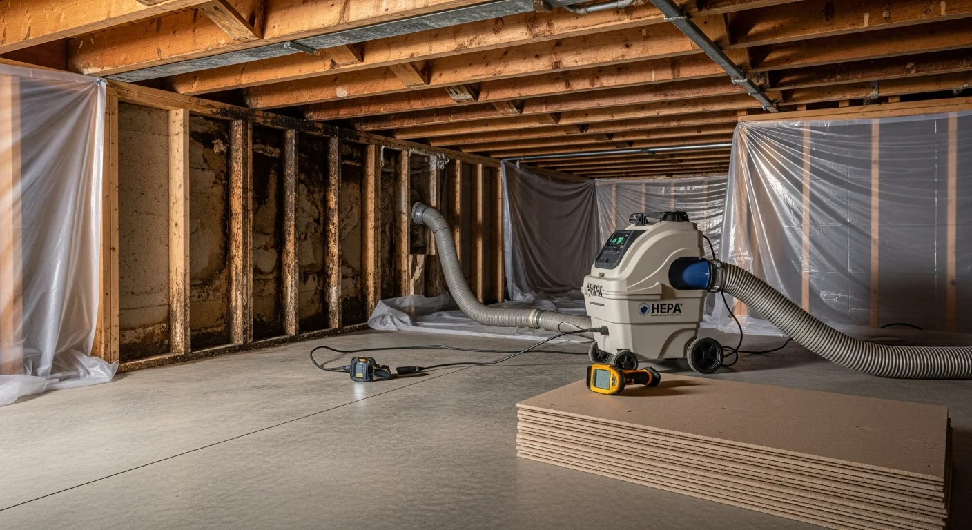 A Liles Construction Group technician removing mold-damaged drywall in a Hernando, MS home crawl space access area. Containment plastic sheeting is visible in the background, separating the work zone from the living area.
