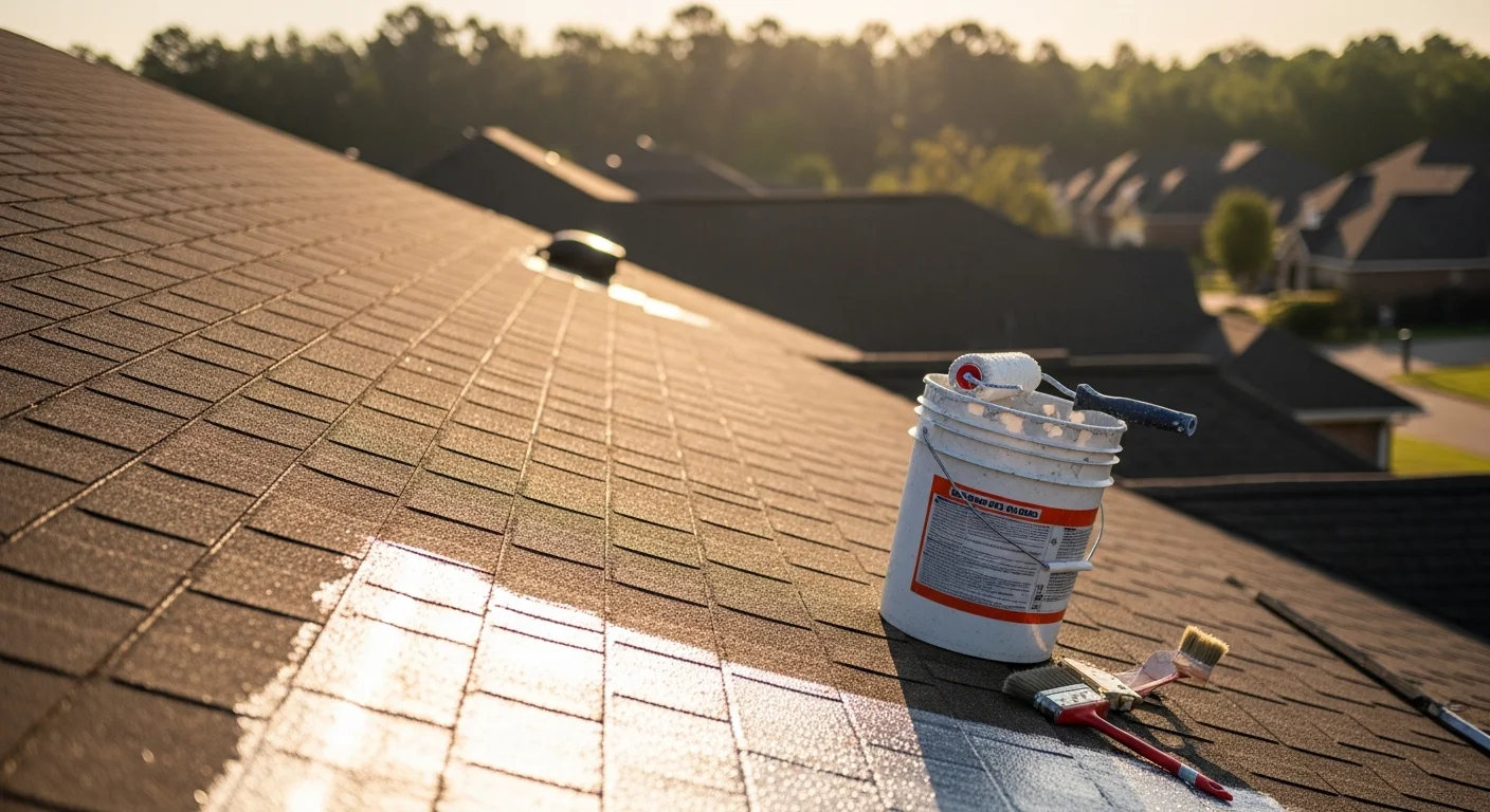 A Hernando, MS residential roof after professional coating application, showing a clean, sealed surface with uniform coverage across shingles and flashing. The finished roof reflects afternoon sunlight against a backdrop typical of a DeSoto County neighborhood.