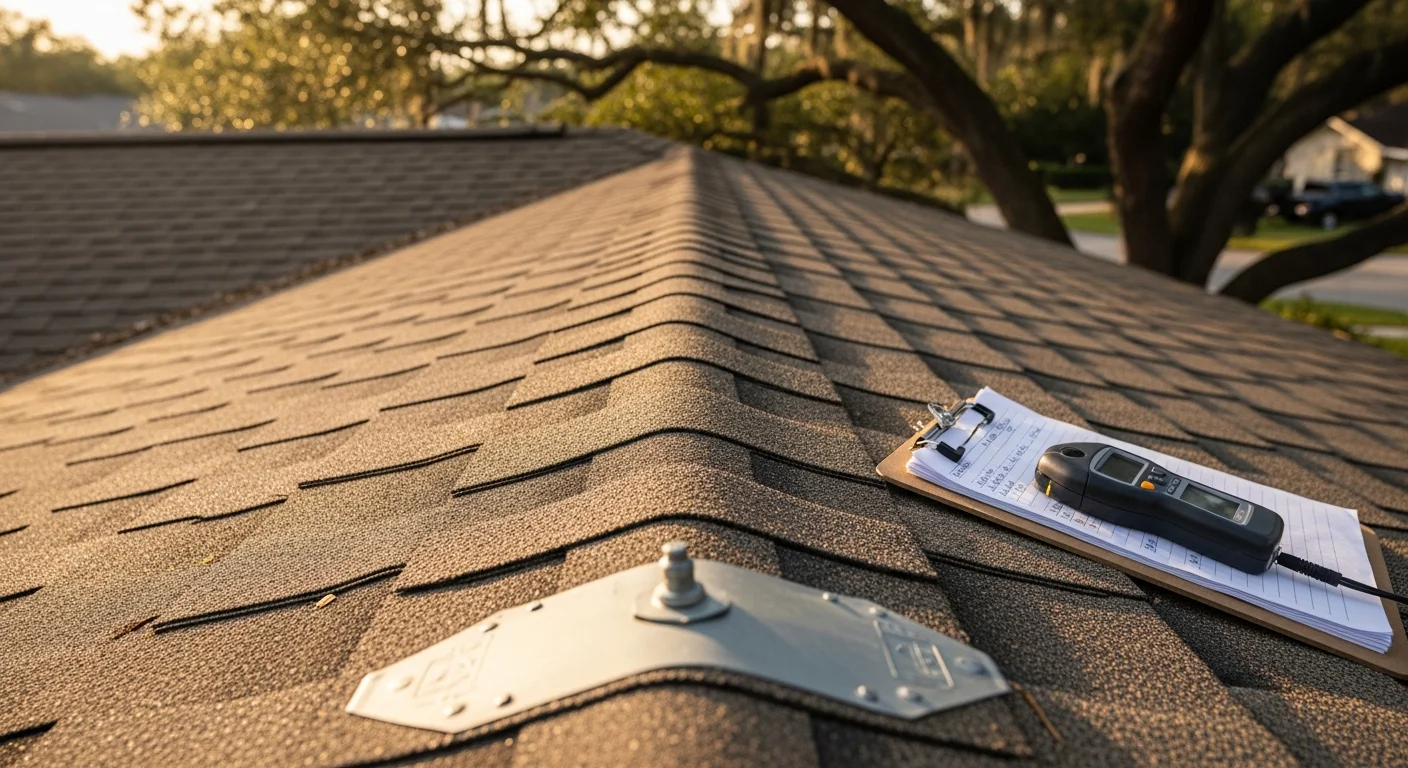 A Liles Construction Group roofer inspecting shingles and flashing on a residential home in Hernando, MS. Close-up view of the roof surface showing a detailed hands-on evaluation after a storm.