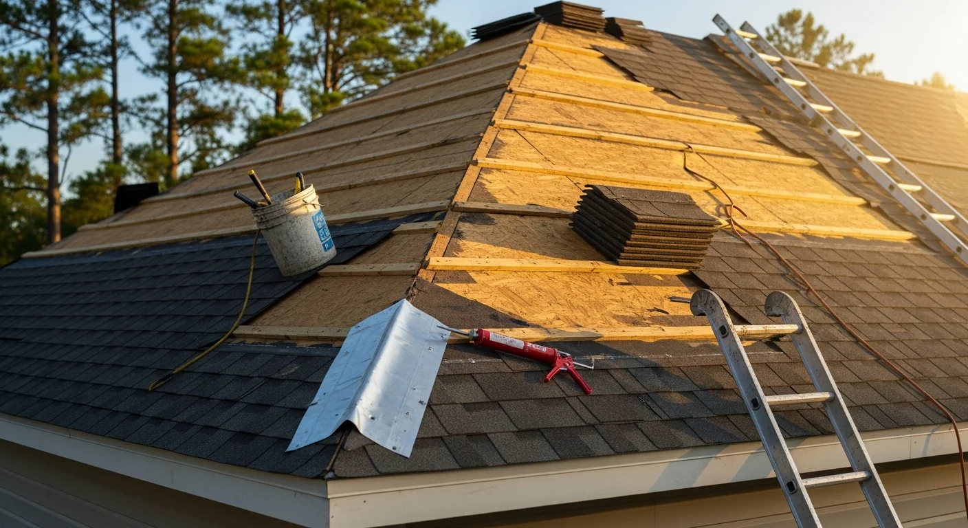 A Hernando, MS residential roof with repaired shingles and sealed flashing along the ridge line. The repair work is visible against the surrounding weathered roofing surface on a single-family home.