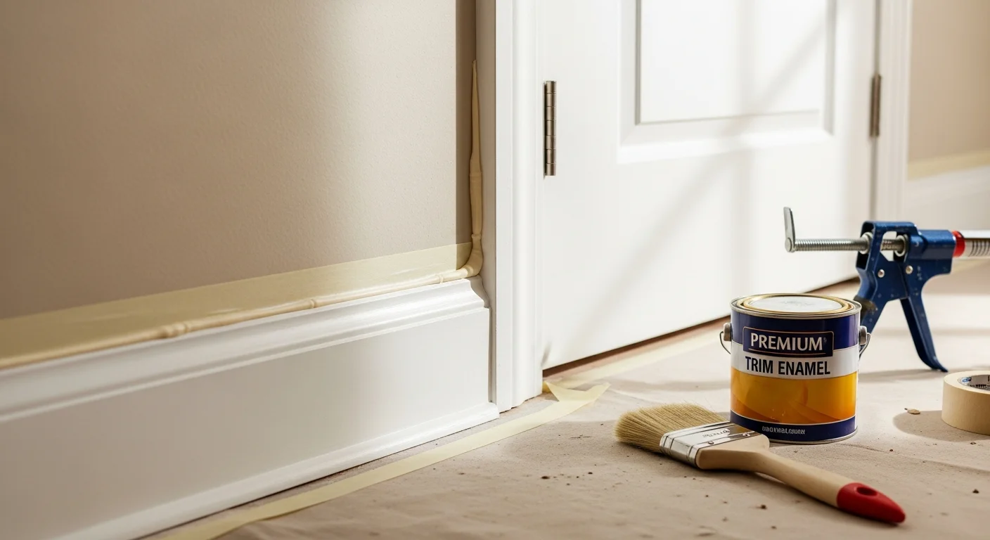 Freshly painted white trim along baseboards and door casings in a Hernando, MS home interior. Clean caulk lines and a semi-gloss finish show the completed trim and finish painting work by Liles Construction Group.
