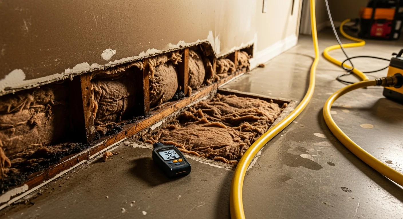A Liles Construction Group technician using moisture detection equipment inside a water-damaged room in a Hernando, MS home. Wet flooring and damp baseboards are visible along the interior wall.
