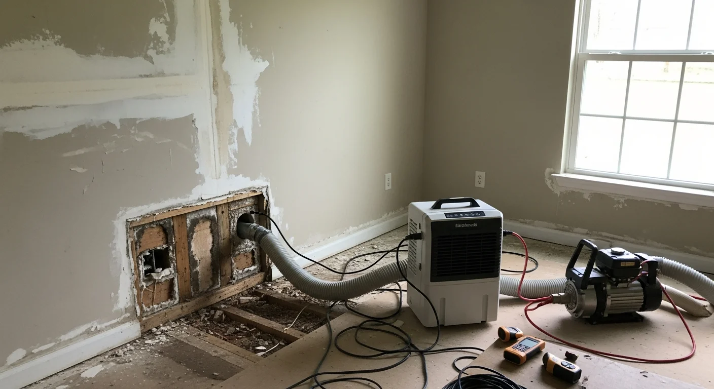 A Hernando, MS home interior showing water-damaged drywall and flooring being assessed by a restoration technician using moisture detection equipment. Industrial drying equipment is staged in the background of the affected room.